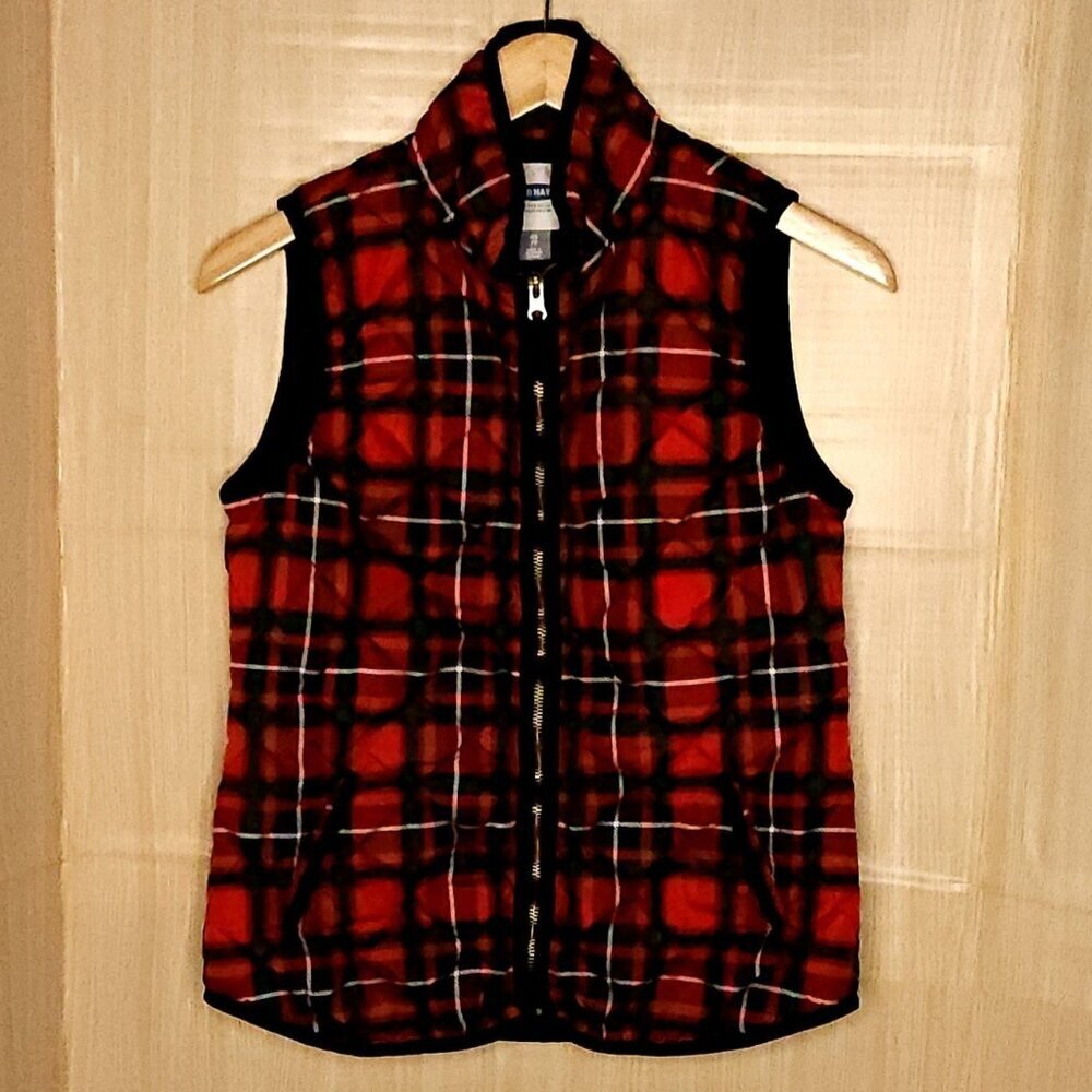 Old Navy Women's Red Green Plaid Vest With Velvet Trim XS